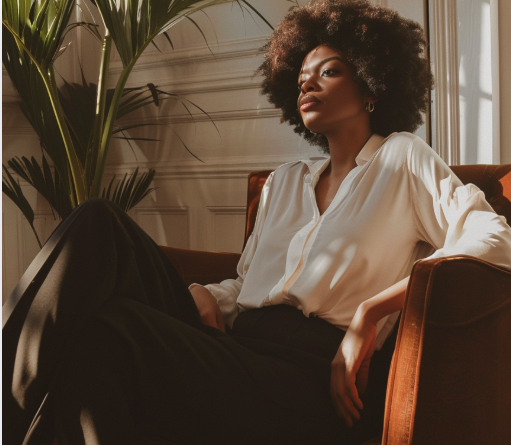 Woman resting in a sunlit chair, at peace
