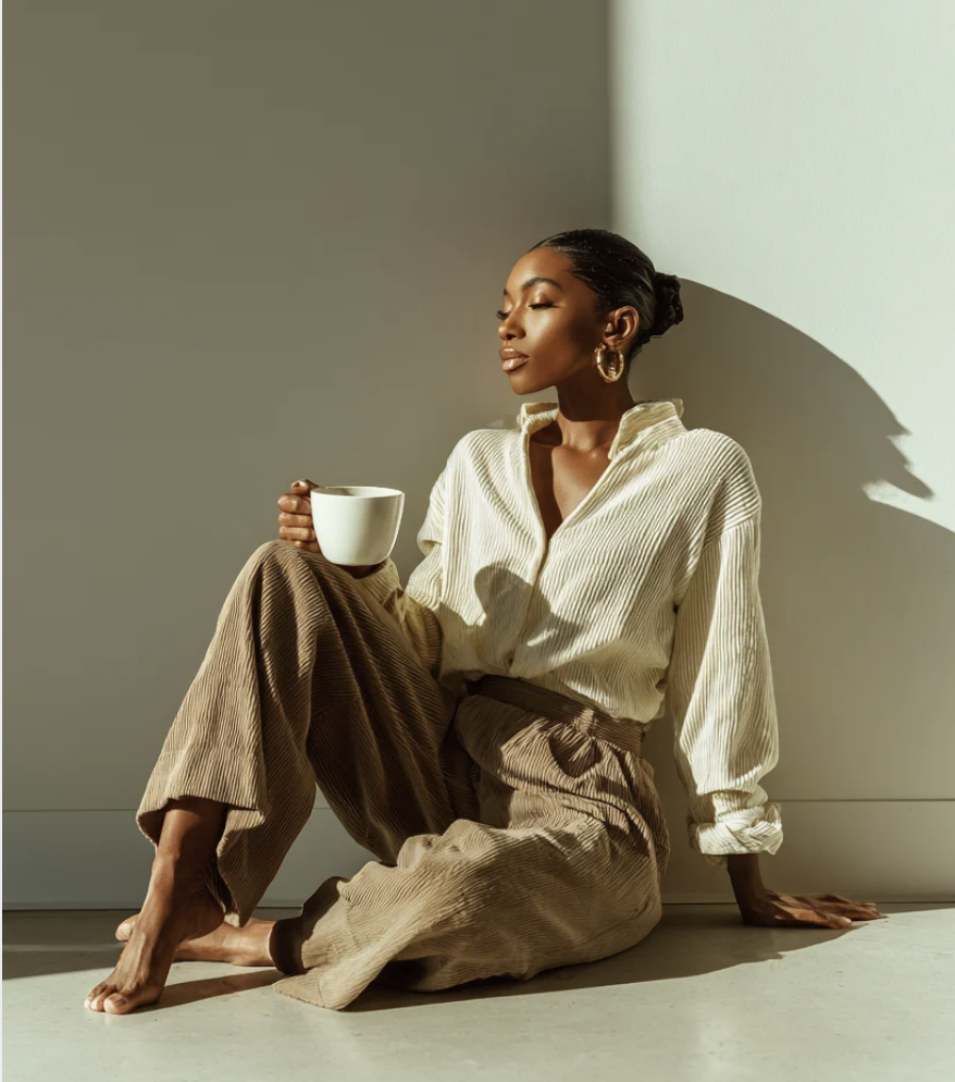 Black woman seated on the floor with coffee in warm light