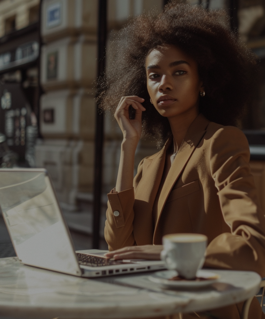 Black woman sitting at a café with a laptop