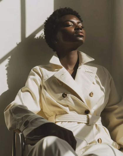 Black woman in cream trench coat seated in sunlight