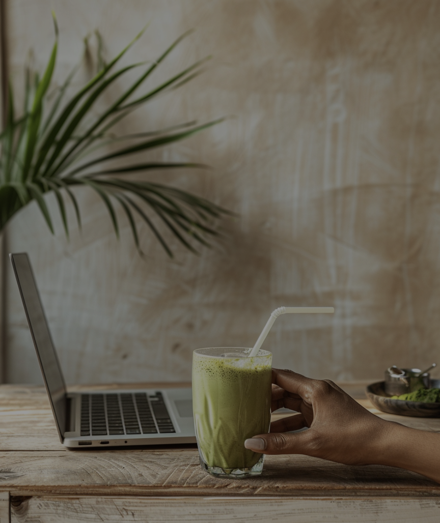 Hand holding a matcha drink beside a laptop