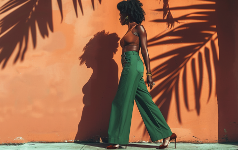 Black woman walking beside her shadow